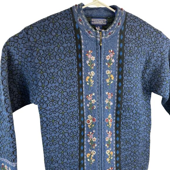 Newton Trading Co Blue Floral Shetland Wool Zip Sweater Womens Medium Grandma - Picture 2 of 16